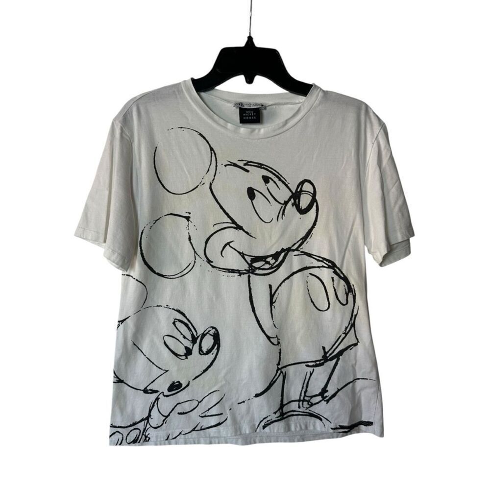 Zara White Short-Sleeve Tee with Black Sketch Mickey Graphic Woman’s Size M